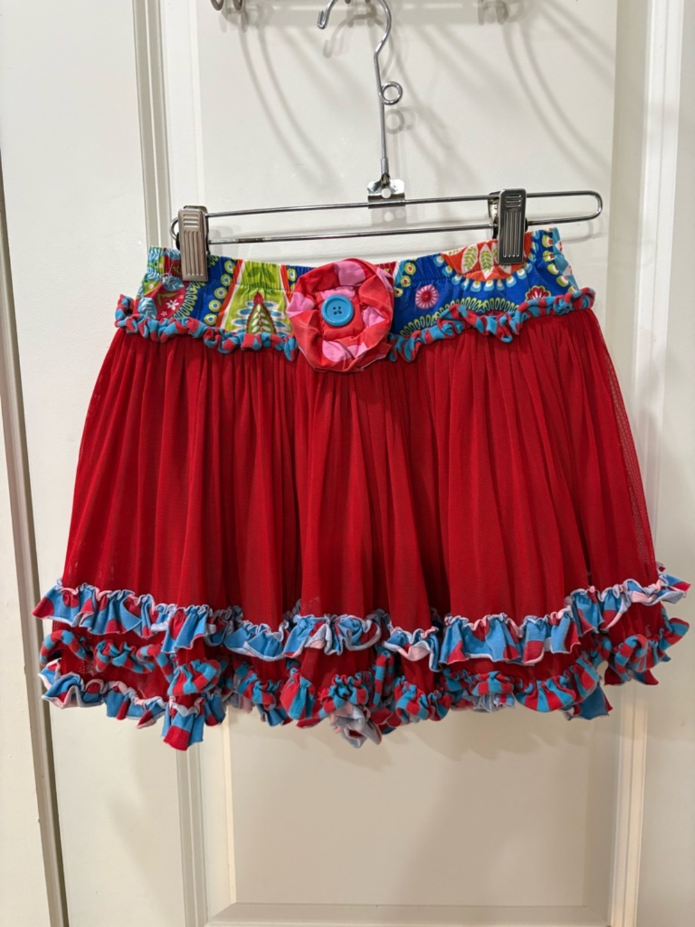 Matilda Jane Mustard Pie Red Ruffled lollipop Skirt with Blue Trim